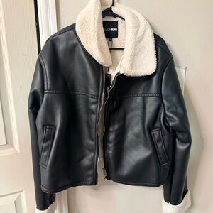 Fashion Nova Black Leather Jacket with Cream Collar